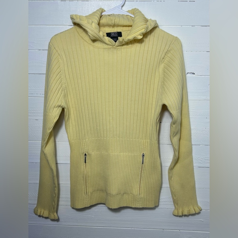 Nils yellow hooded sweater, zip pouch front, women’s size Large. EUC - Picture 2 of 5